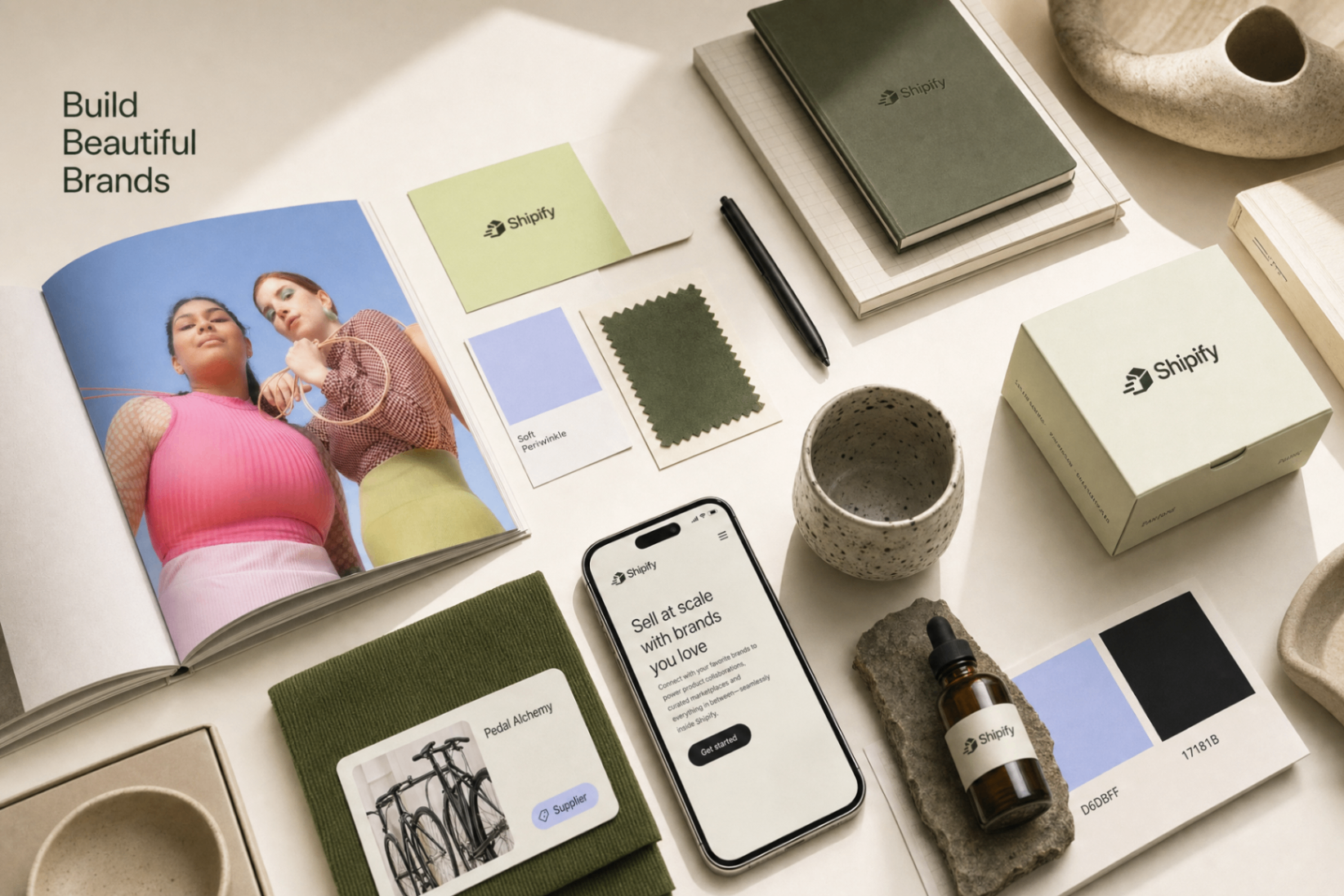 Shipify brand moodboard with product packaging, phone mockup, and brand palette