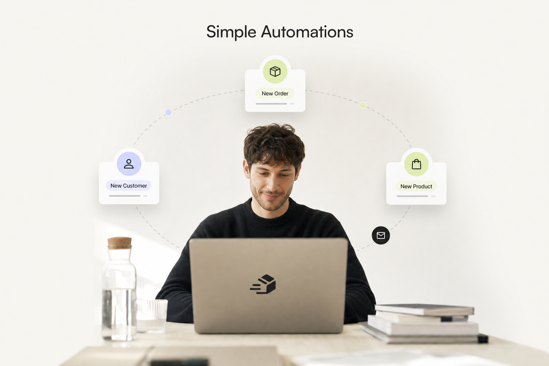 Entrepreneur at laptop surrounded by simple order and product automation cards