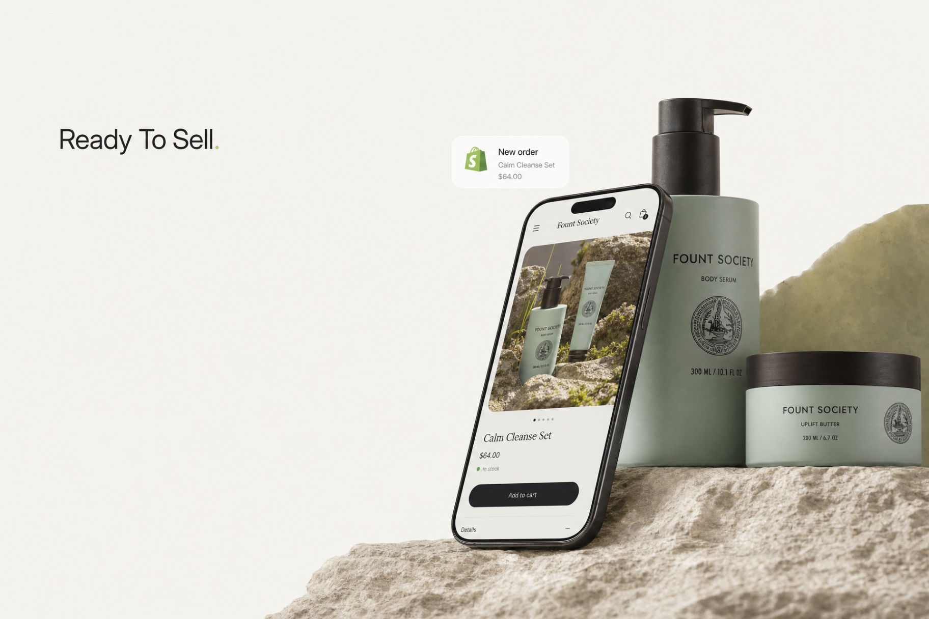 Phone storefront mockup with product packaging staged beside it